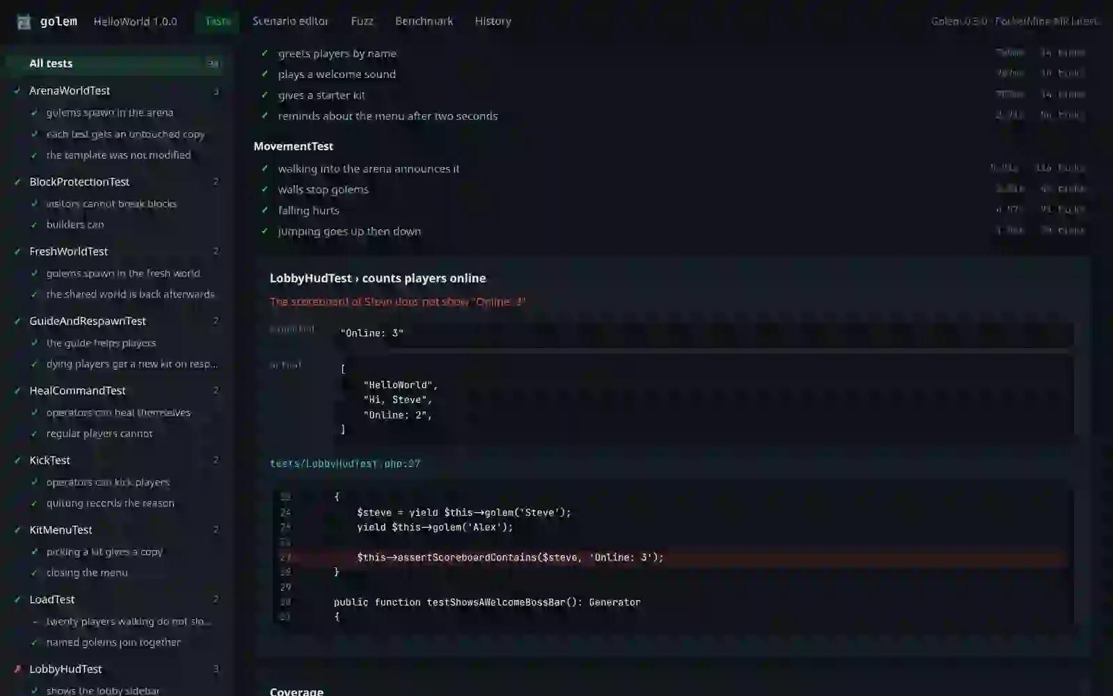 The Golem dashboard: the tests of a plugin, a failure with the expected and actual values and the line that failed