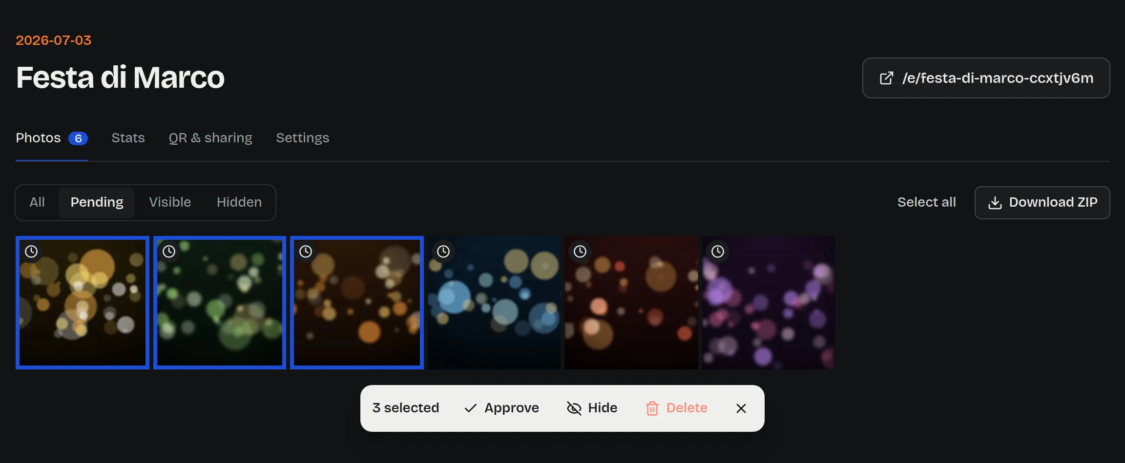 The contact sheet with photos selected, dark theme