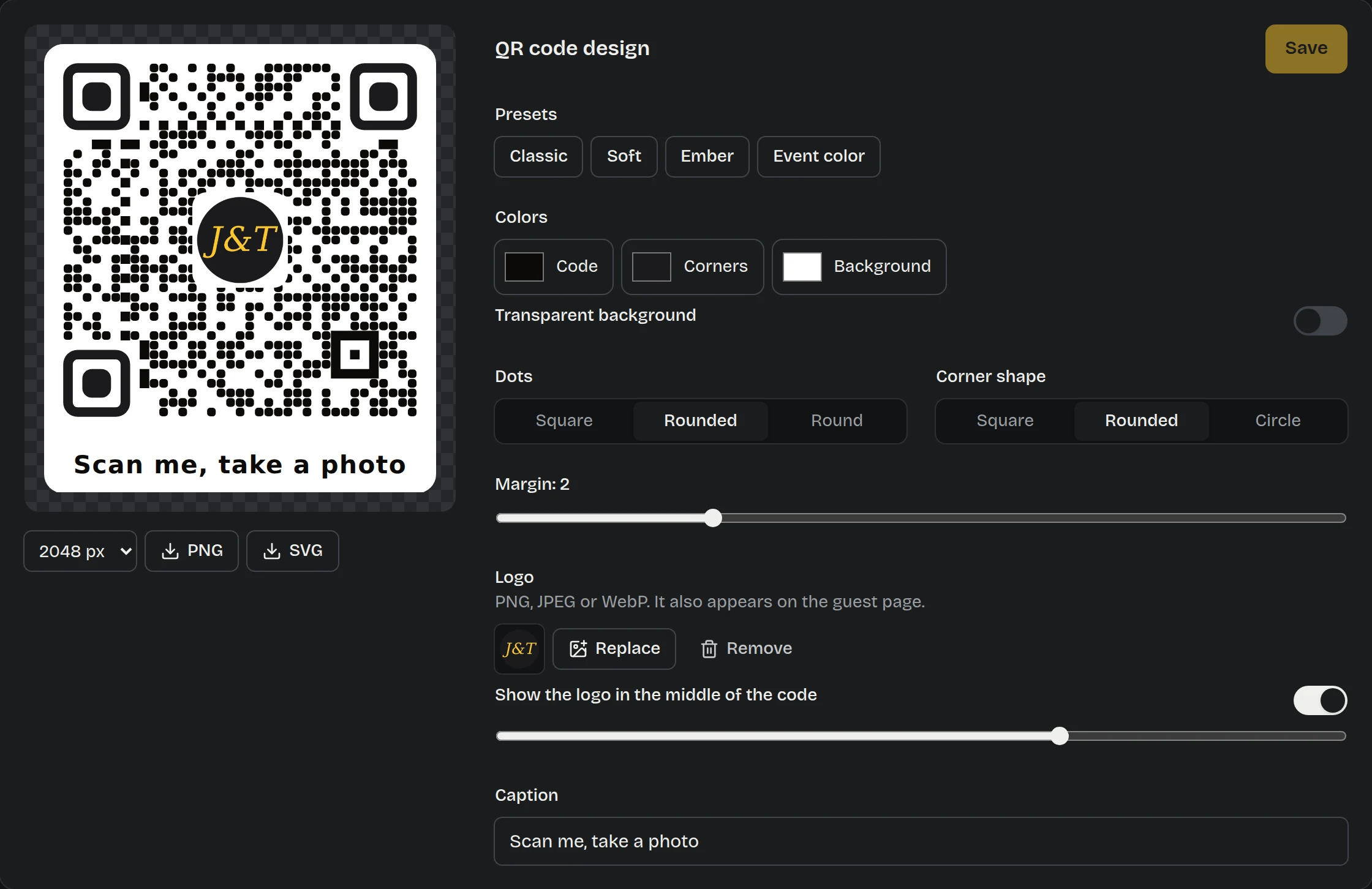 The QR code designer, dark theme