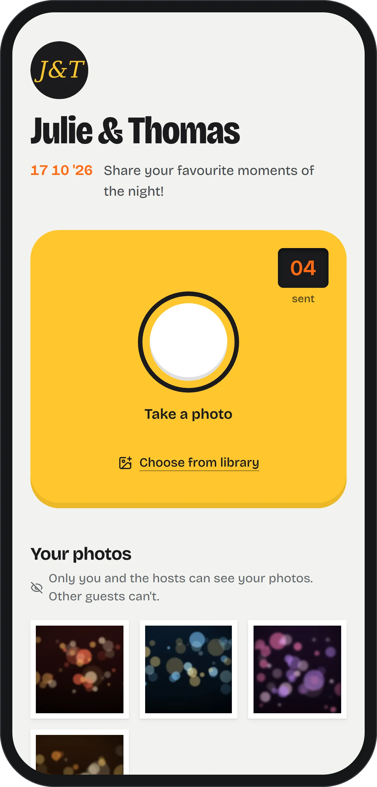 The guest page on a phone: the shutter and the guest's own photos