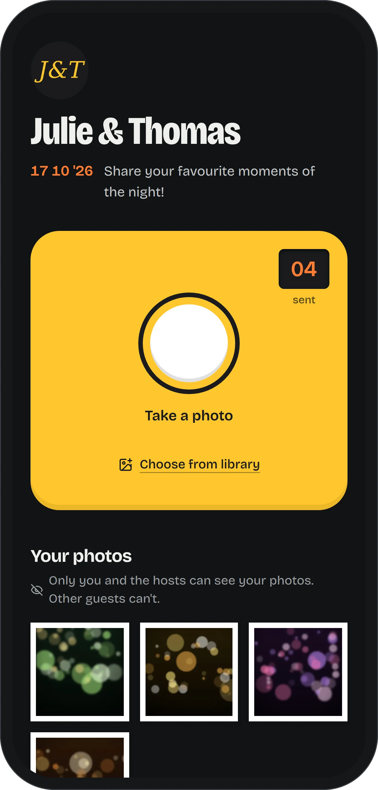 The guest page on a phone: the shutter and the guest's own photos, dark theme