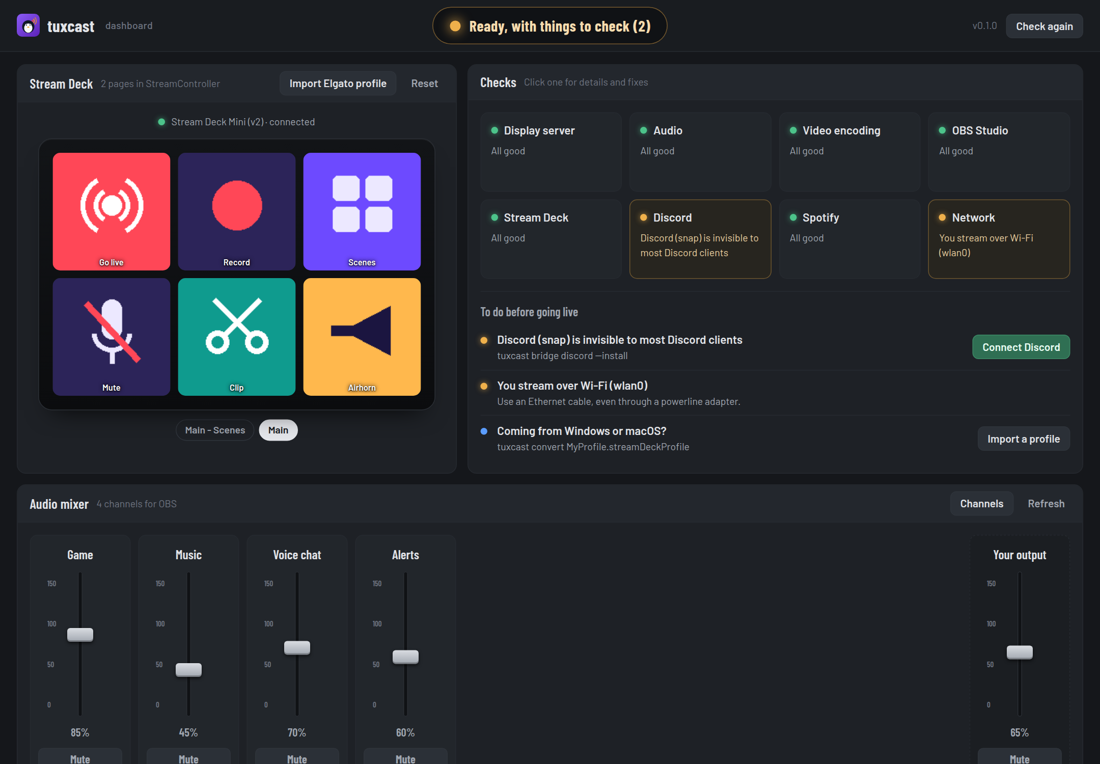The tuxcast dashboard: the tally, a Stream Deck with its pages, the checks and the audio mixer